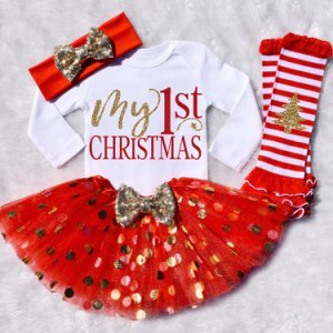 4-piece Baby / Toddler Girl MY FIRST CHRISTMAS Bodysuit, Dotted Skirt, Headband and Leg Warmers Set
