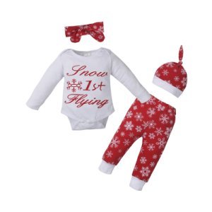 4-piece Christmas Bodysuit,Snowflake Pattern Pants,Headband and Hat Set for Baby