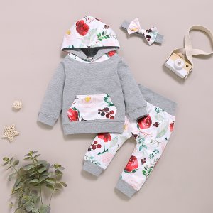 Allover Hoodie and Pants with Headband Set For Baby Girl