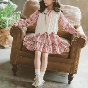 Allover Long-sleeve Dress And Solid Knitted Vest Set