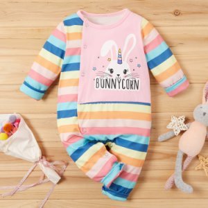 Baby Adorable Rainbow Striped Bunny Print Jumpsuit