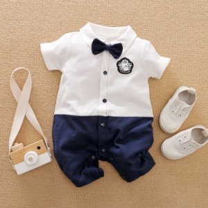 Baby Boy Gentleman Style Bowknot Decor Short-sleeve Jumpsuit