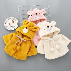 Baby Boy / Girl Adorable Bear Decor Pompon Solid Hooded Fleece Coat