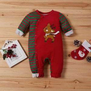 Baby Boy / Girl Christmas Stripe Reindeer Print Long-sleeve Jumpsuit