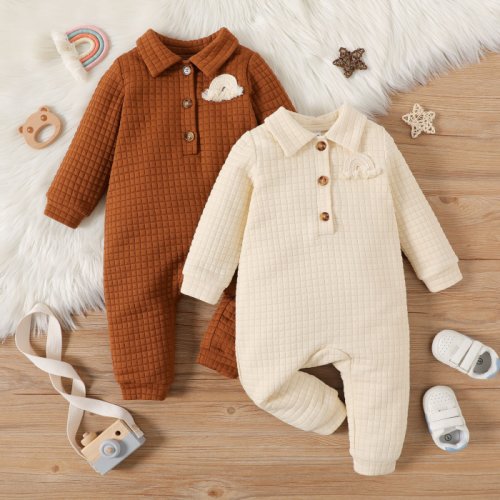 Baby Boy/Girl Rainbow Design Button Front Solid Grid Textured Long-sleeve Jumpsuit