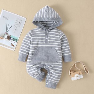 Baby Boy / Girl Stripe Pocket Design Hooded Long-sleeve Jumpsuit