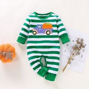 Baby  Boy Halloween Trick Stripe Pumpkin Embroidery Long-sleeve Jumpsuit