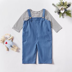 Baby Casual Striped Long-sleeve Tee and Solid Overalls Set