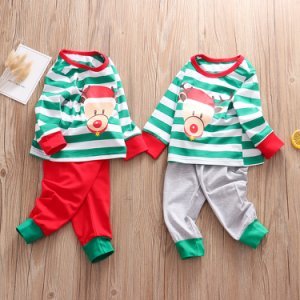 Baby Christmas Reindeer Print Striped Long-sleeve Top and Solid Pants Set