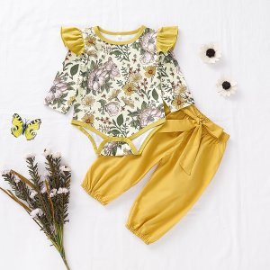 Baby Floral Ruffled Bodysuit and Pants Set