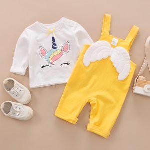Baby Girl Adorable Unicorn Print Long-sleeve Tee and Wing Decor Overalls Set