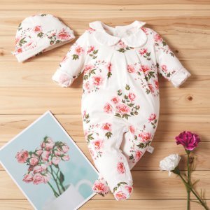 Baby Girl Beautiful Floral Allover Long-sleeve Jumpsuit and a Hat