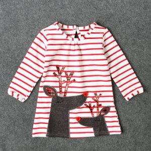 Baby Girl Christmas Elk Embroidered Applique Striped Long-sleeve Dress