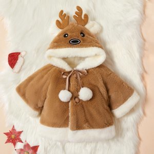 Baby Girl Christmas Reindeer and Pompon Decor Adorable Hooded Fleece Coat