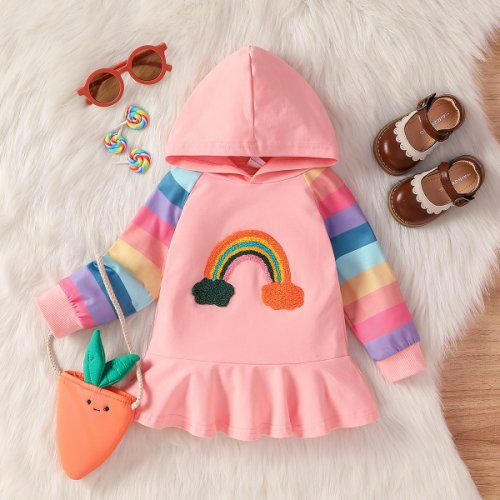 Baby Girl Colorful Long-sleeve Rainbow Embroidered Ruffle Hem Hoodie Dress