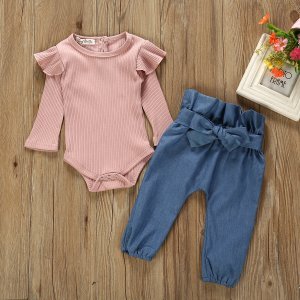 Baby Girl Dark Pink Ruffled Shoulder Bodysuit and Bowknot Jeans Set