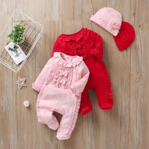 Baby Girl Doll Collar Lace Design Long-sleeve Jumpsuit and Hat
