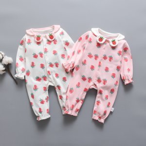 Baby Girl Doll Collar Strawberry Allover Cotton Style Long-sleeve Jumpsuit