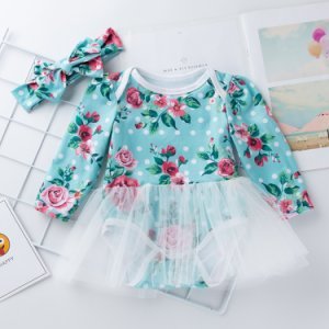 Baby Girl Floral Allover Long-sleeve Dress Romper and Headband