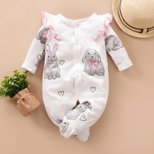 Baby Girl Flutter-sleeve  Rabbit Print Long-sleeve Jumpsuit