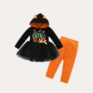 Baby Girl Halloween CUTE SCARY Print Hooded Tulle Skirt and Polka Dots Pants Set