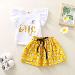 Baby Girl Hot Sale ONE Print Flutter-sleeve Top and Bee Print Skirt Set