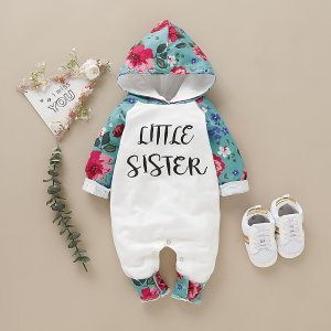 Baby Girl Little Sister Letter Print Hooded Long-sleeve Jumpsuit