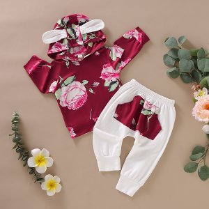 Baby Girl Lovely Ear Decor Pretty Floral Long-sleeve Hoodie and Solid Pants Set