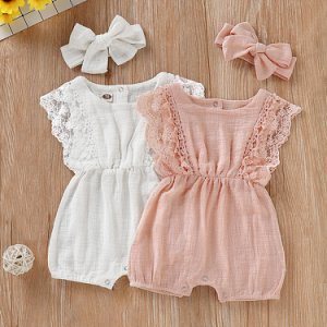 Baby Girl Solid Cotton Romper with Headband