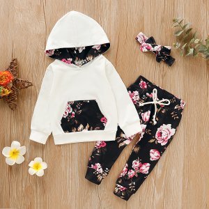 Baby Girl Solid Hoodie and Allover Pants with Headband Set
