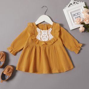 Baby Girl Solid Lace Design Ruffle Collar Long-sleeve Dress