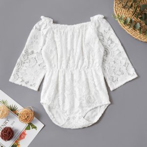 Baby Girl Solid Lace Hollow Design Long-sleeve Romper