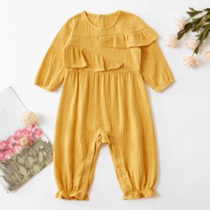 Baby Girl Solid Ruffled Design Long-sleeve Jumpsuit