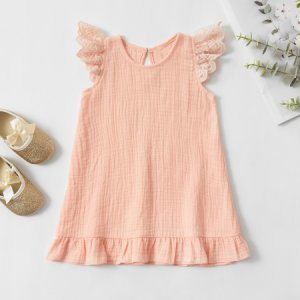 Baby Girl Solid V Neck Short-sleeve Flutter-sleeve Dress