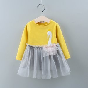 Baby Girl Swan Print Splice Design Tulle Long-sleeve Jumpsuit