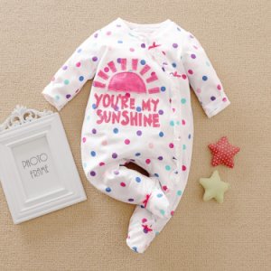 Baby Girl You are My Sunshine Letter Print Polka Dots Long-sleeve Jumpsuit