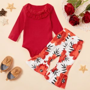 Baby Solid Ruffled Bodysuit and Floral Bellbottom Pants Set