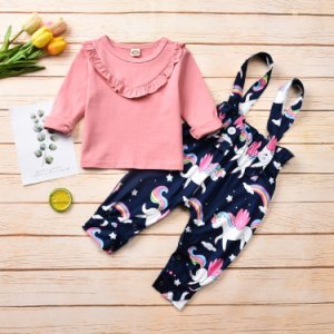 Baby Solid Top and Unicorn Print Overalls Set