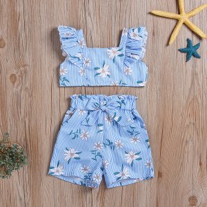 Baby / Toddler Floral Print Flutter Strappy Top and Striped Shorts Set