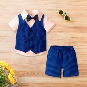 Baby / Toddler Gentlemanly Solid Color Bow Tie Shirt and Striped Vest Shorts Party Set
