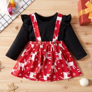 Baby / Toddler Girl Christmas Solid Top and Elk Print Suspender Skirt Set