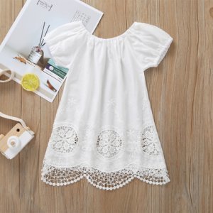 Baby / Toddler Girl Embroidered Flower Solid Hollow Out Short-sleeve Dress