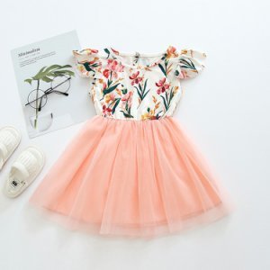 Baby / Toddler Girl Floral Print Mesh Splice Flutter-sleeve Dress
