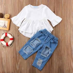 Baby / Toddler Girl Ruffled Flounced Top and Ripped Jeans Set