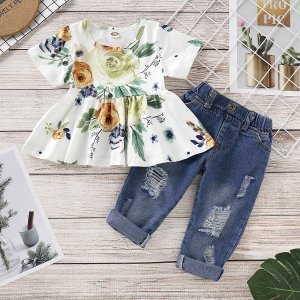 Baby/ Toddler Girl's Floral Allover Ruffled Dress and Frayed Jeans