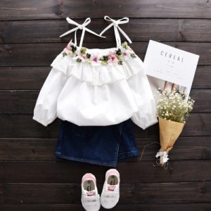 Baby/ Toddler Girl's Flower Embroidered Off Shoulder Top and Denim Skirt