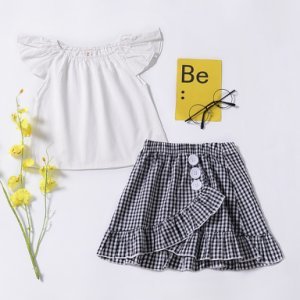 Baby/ Toddler Girl's Flutter-sleeve Top and Plaid Skirt