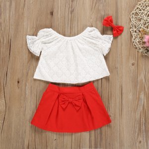 Baby/ Toddler Girl's Solid Lace Puff-sleeve Top, Skirt and Bow Headband