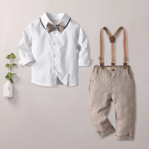 Baby / Toddler Preppy Style Solid Bow Long-sleeve Shirt and Plaid Overalls Set