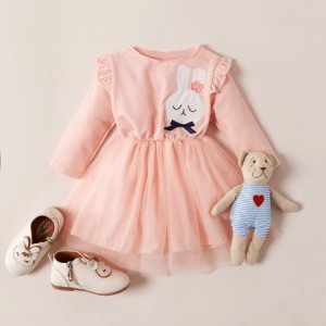 Baby / Toddler Solid Cartoon Bunny Embroidered Applique Long-sleeve Tulle Dress